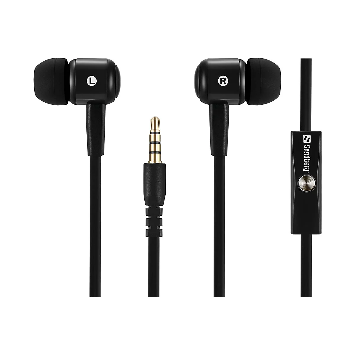 Schwarze In-Ear-Kopfhörer mit 'L' und 'R' Kennzeichnung, Klinkenstecker und In-Line-Fernbedienung mit Sandberg Logo.