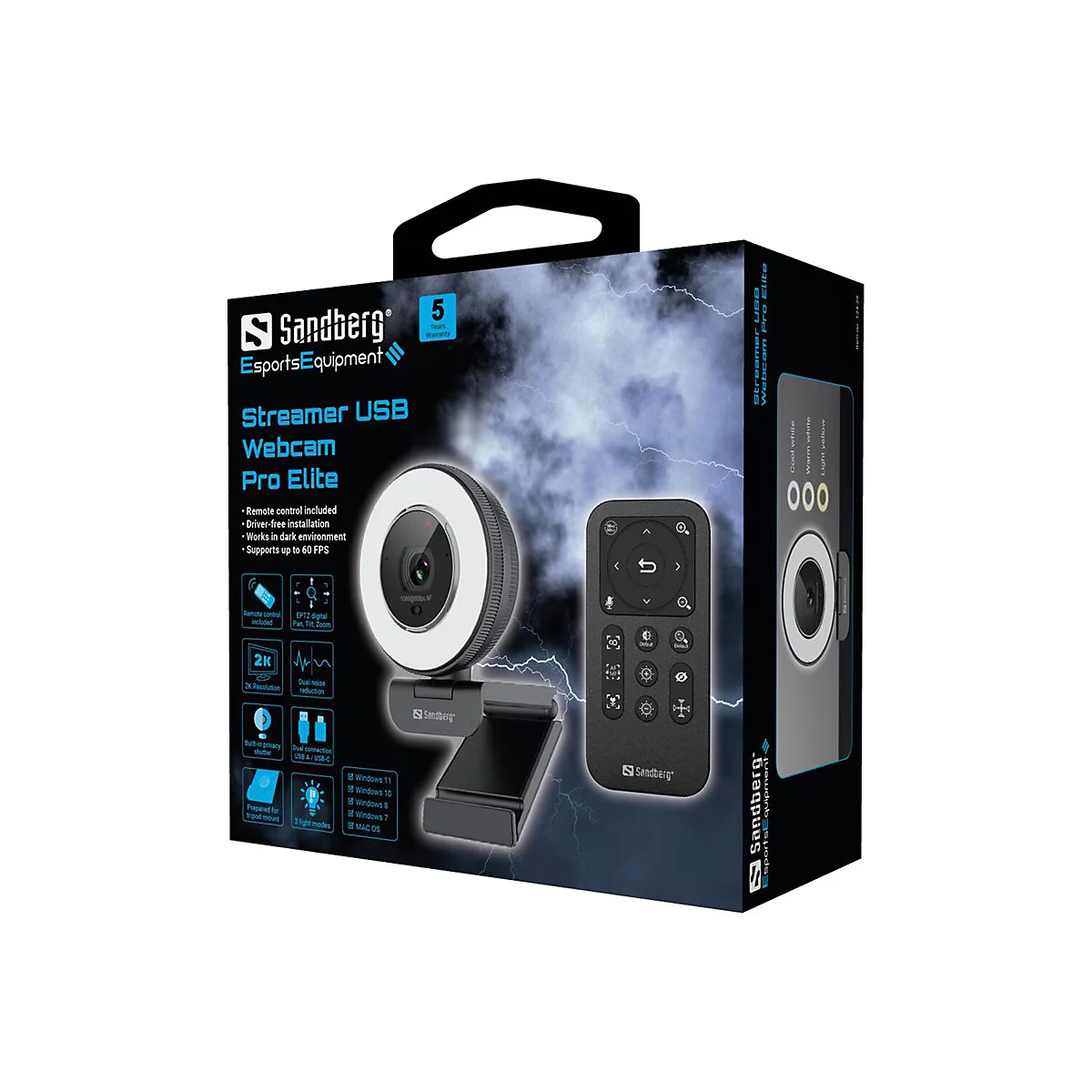 Webcam in Originalverpackung. Aufdruck: Streamer USB Webcam Pro Elite, Fernbedienung, 5 Jahre Garantie.