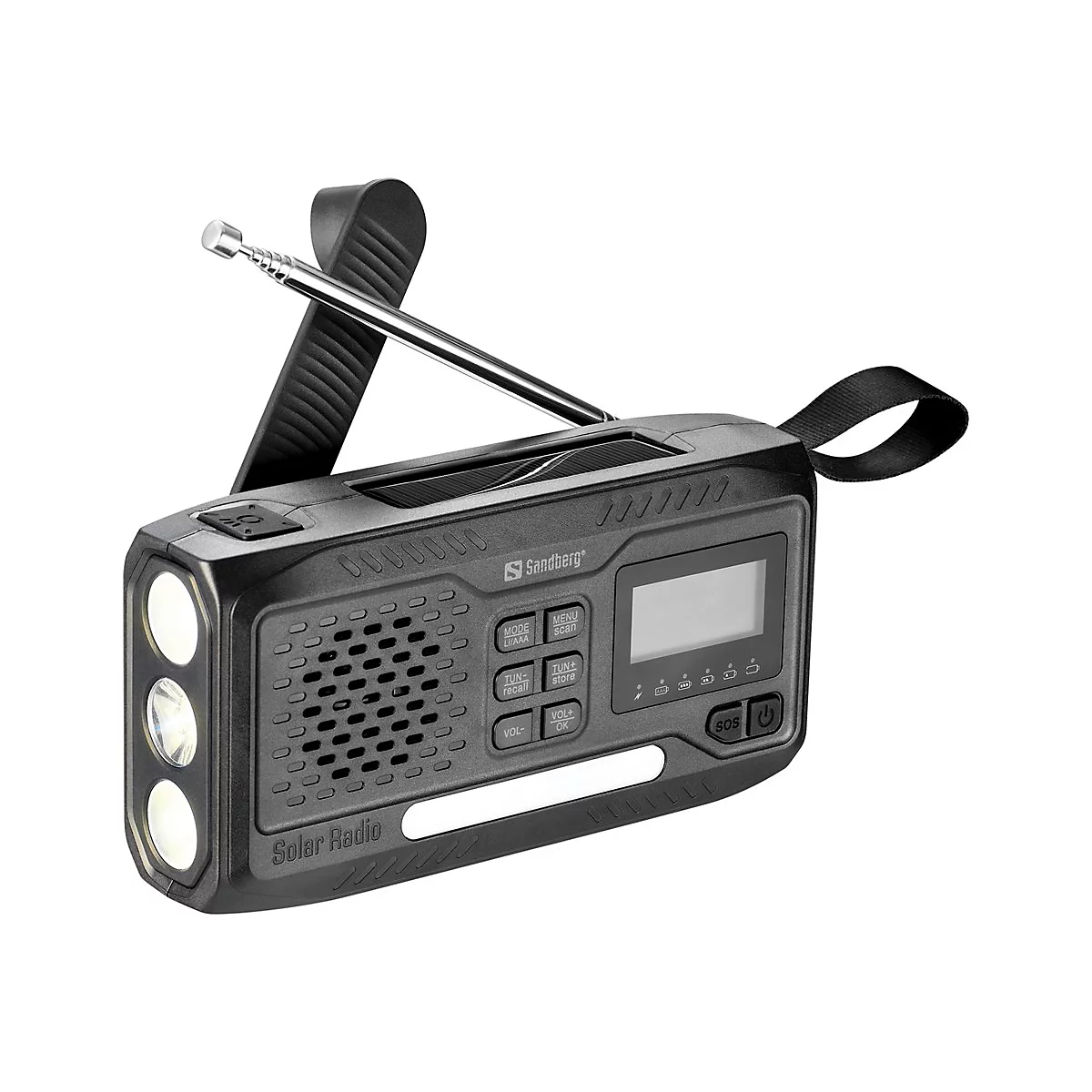 Schwarzes Solar-Radio mit Antenne und LED-Leuchten. Es hat Knöpfe, ein Display und eine Trageschlaufe.