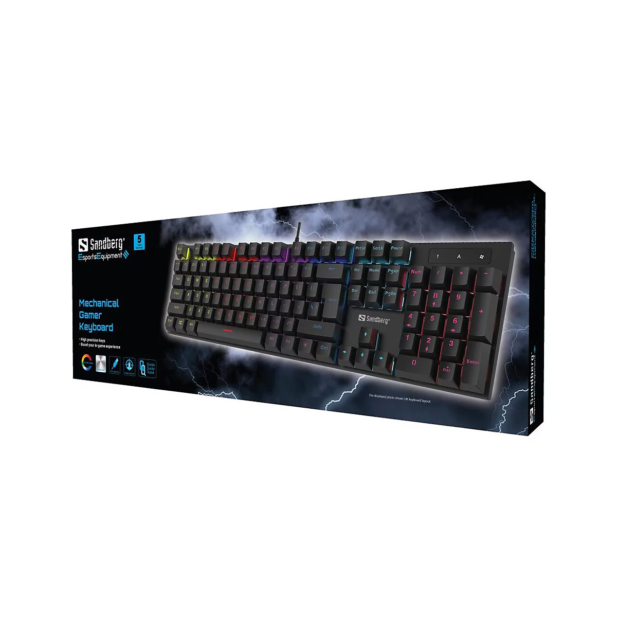 Sandberg mechanische Gaming-Tastatur mit RGB-Beleuchtung auf der Verpackung vor einem Blitz-Hintergrund.