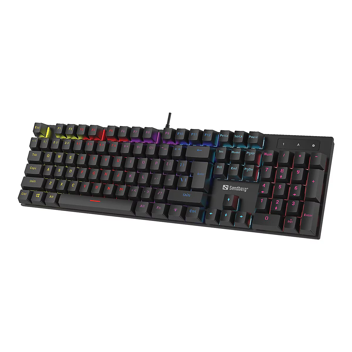 Schwarze mechanische Tastatur mit bunten Tastenbeleuchtungen. Auf den Tasten sind Buchstaben, Zahlen und Sonderzeichen zu sehen. Das Sandberg Logo ist am unteren Rand zu erkennen.