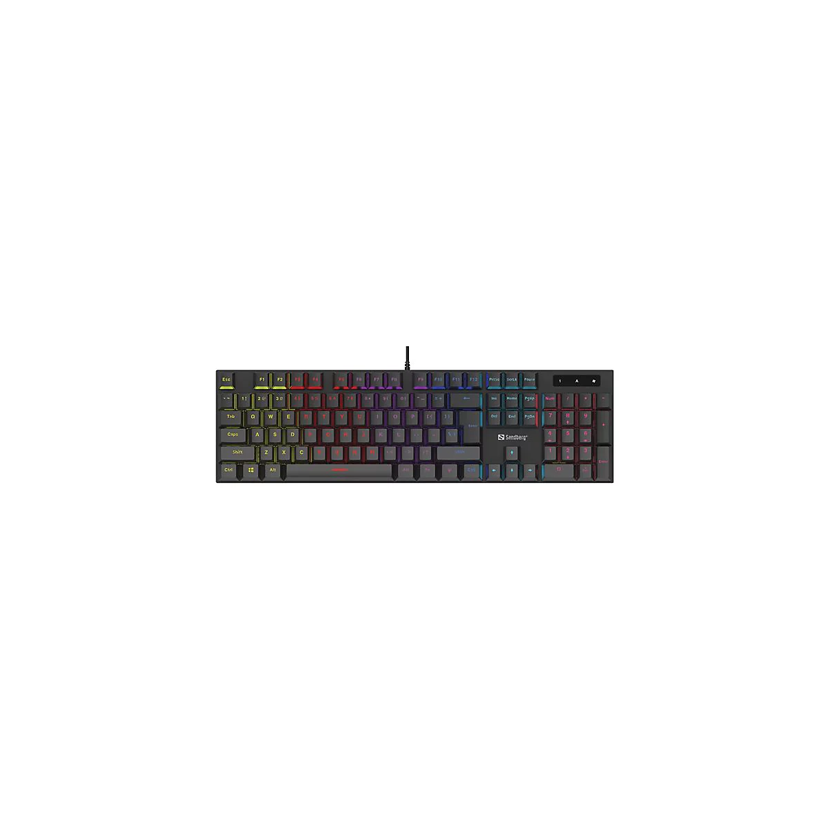 Schwarze Gaming-Tastatur, beleuchtete Tasten in Regenbogenfarben, Sandberg-Logo.