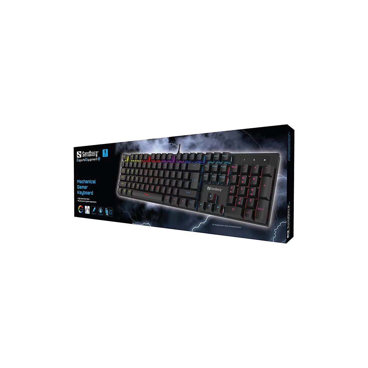 Schwarze mechanische Gaming-Tastatur mit farbiger Beleuchtung, verpackt in einer Box mit Gewitter-Grafik.