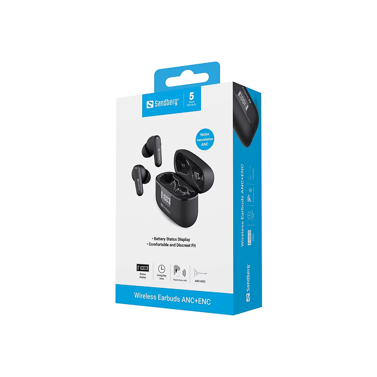 Verpackung der Sandberg Wireless Earbuds ANC+ENC mit Ladecase und Kopfhörern.