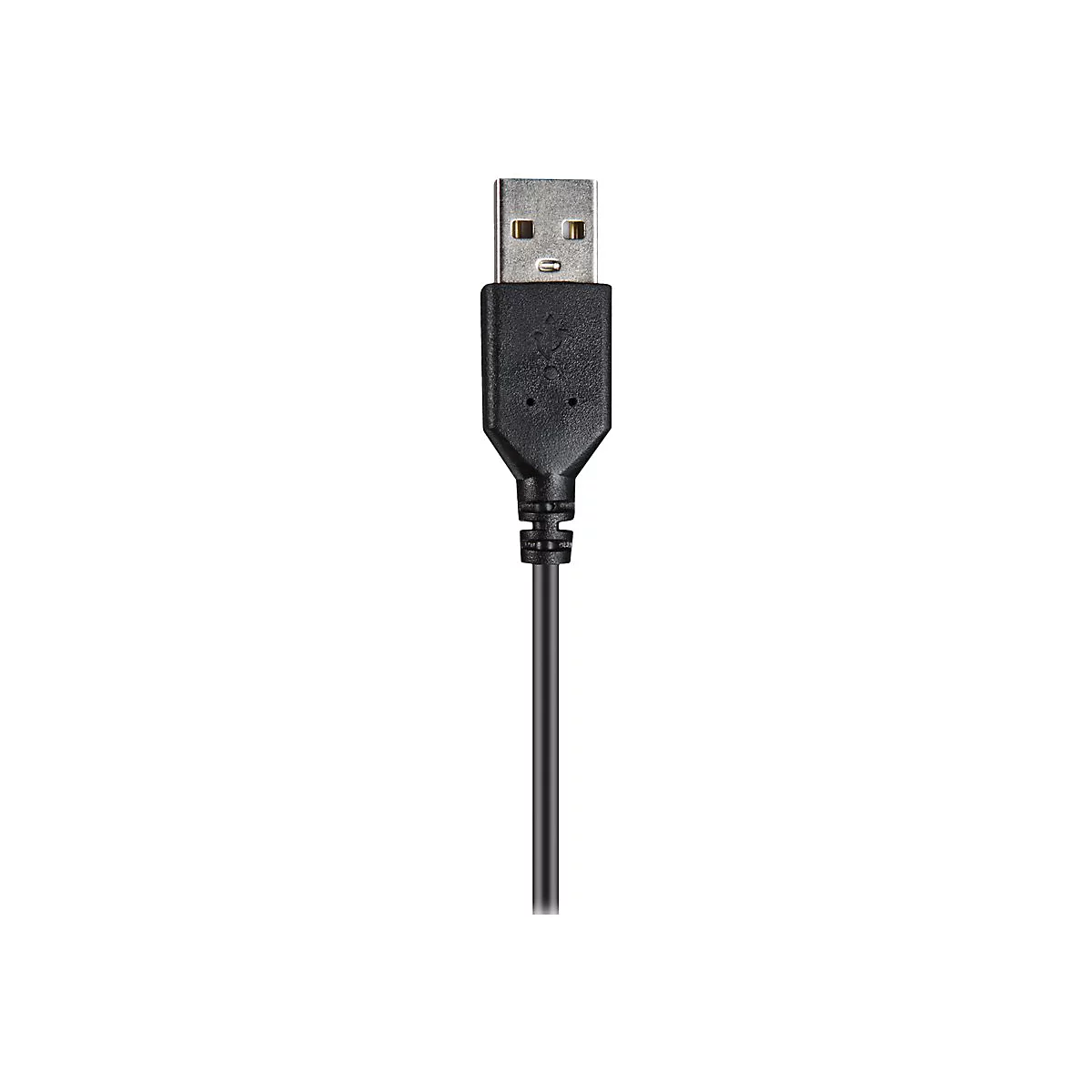 Gros plan sur un câble USB avec connecteur métallique et câble noir, sur fond blanc.
