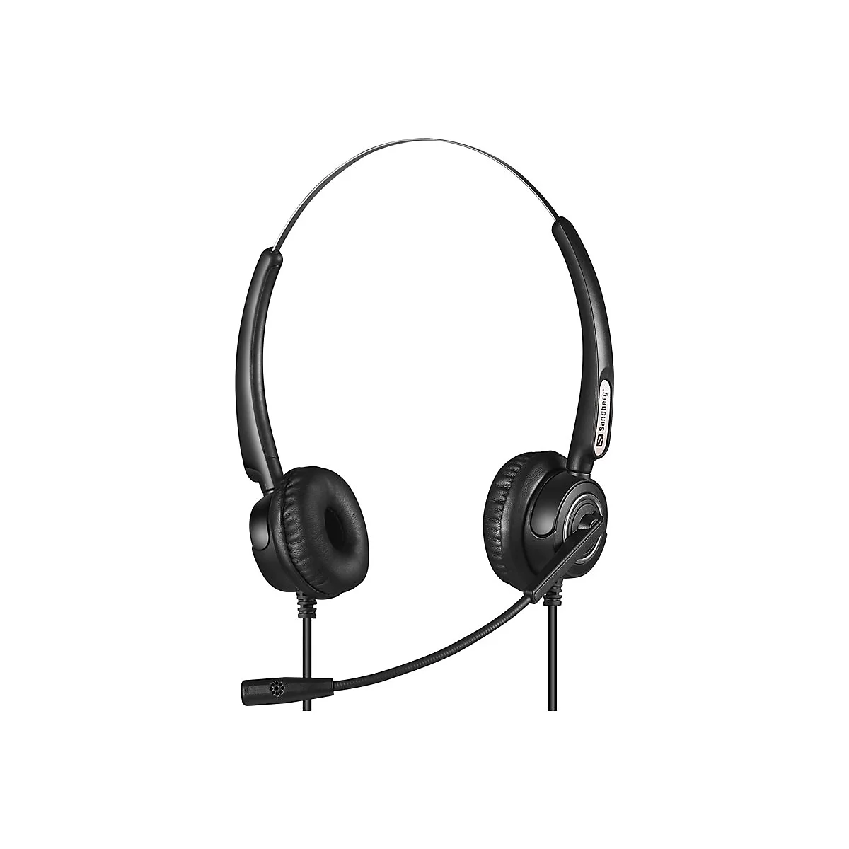 Schwarzes Sandberg-Headset mit Kopfbügel, zwei Ohrpolstern und schwenkbarem Mikrofonarm vor weißem Hintergrund.