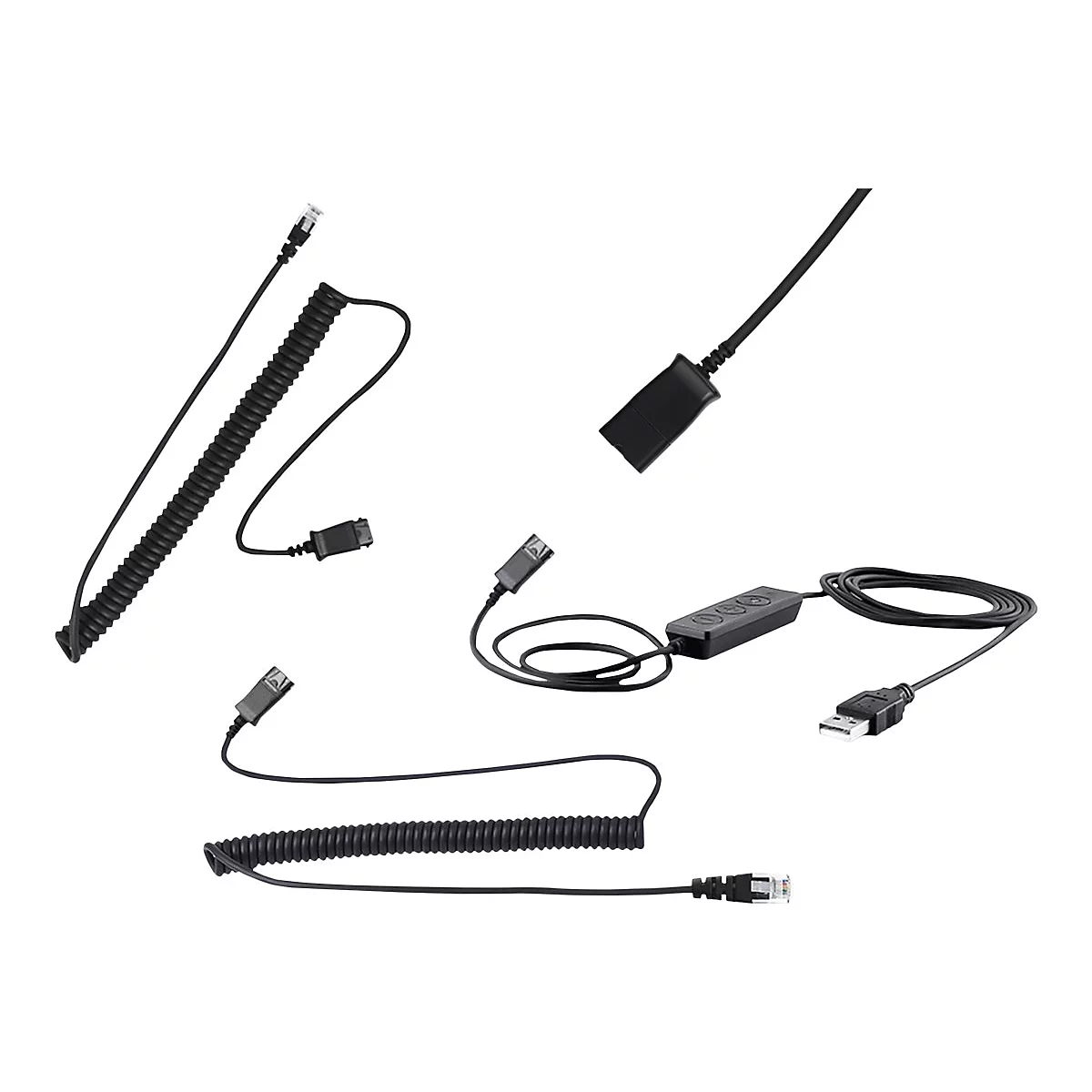 Mehrere schwarze Kabel und Stecker, freigestellt auf weißem Hintergrund. Verschiedene Kabeltypen sind zu sehen.