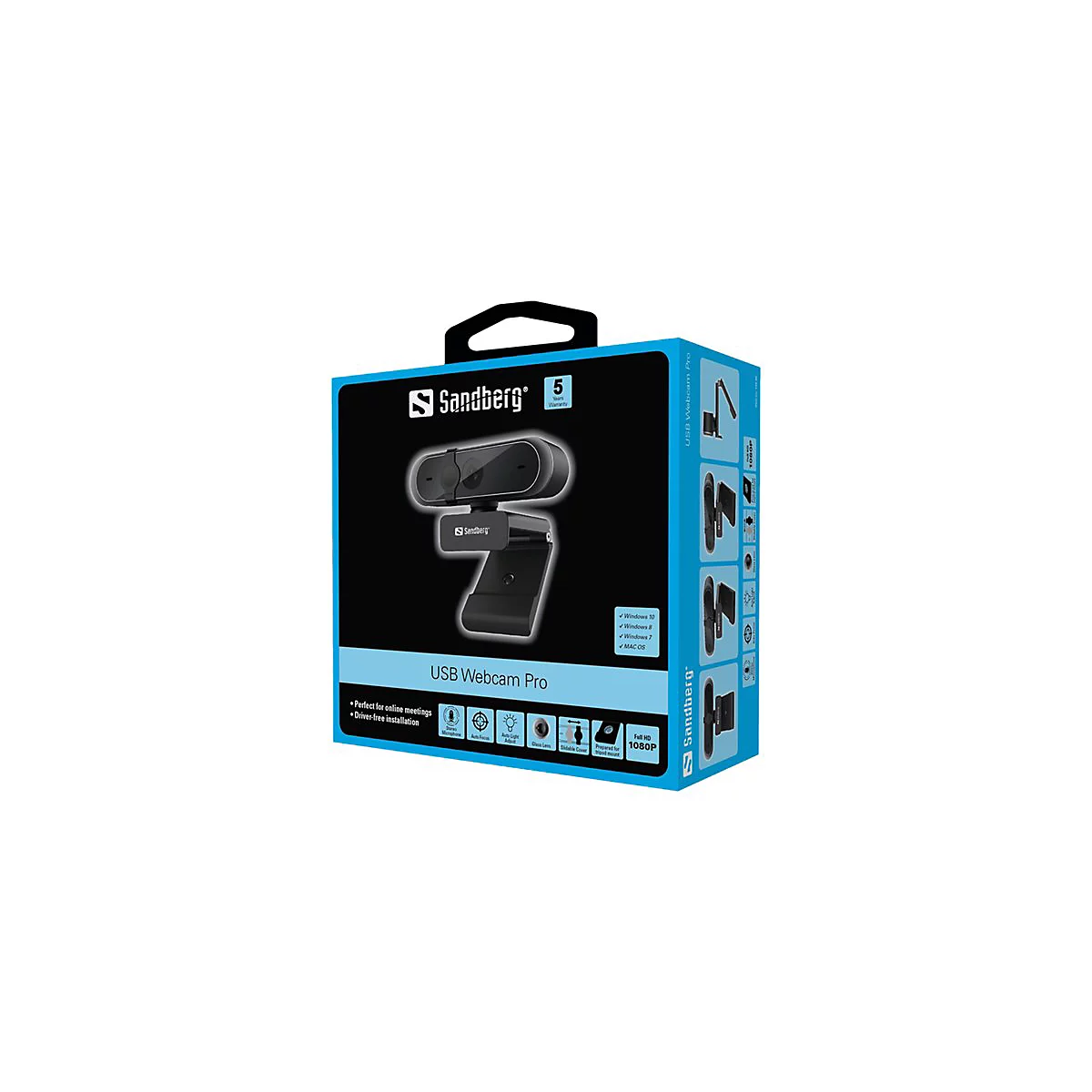 USB Webcam Pro von Sandberg in einer blauen Verpackung, Webcam selbst im Vordergrund.