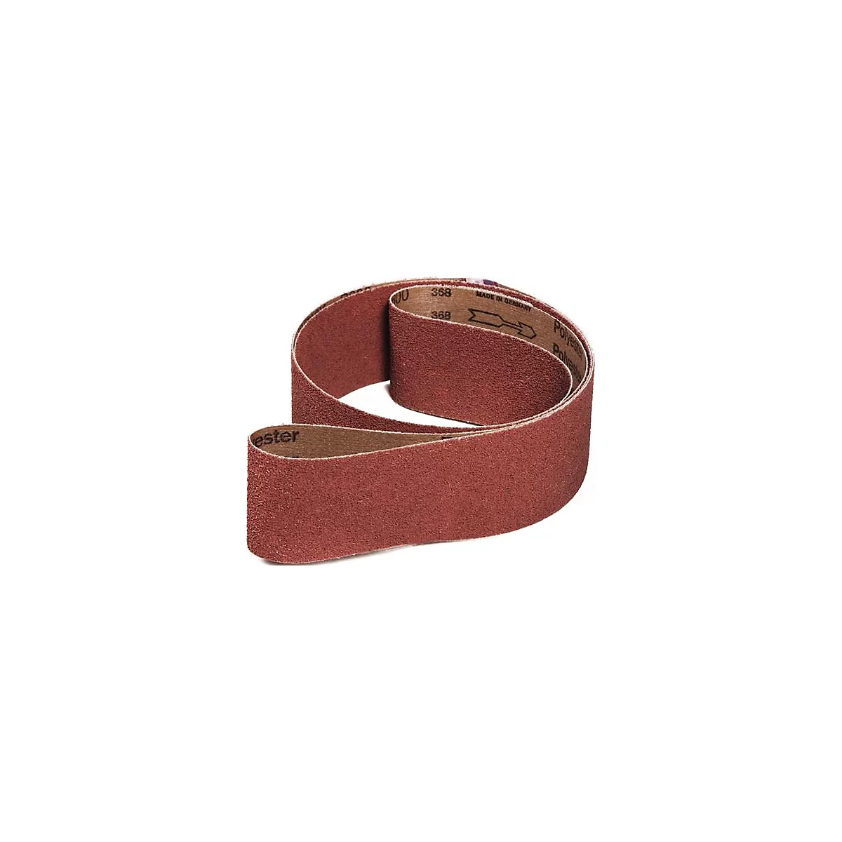 A rolled up abrasive belt in rusty red, with prints like "Polyester" and "Made in Germany".