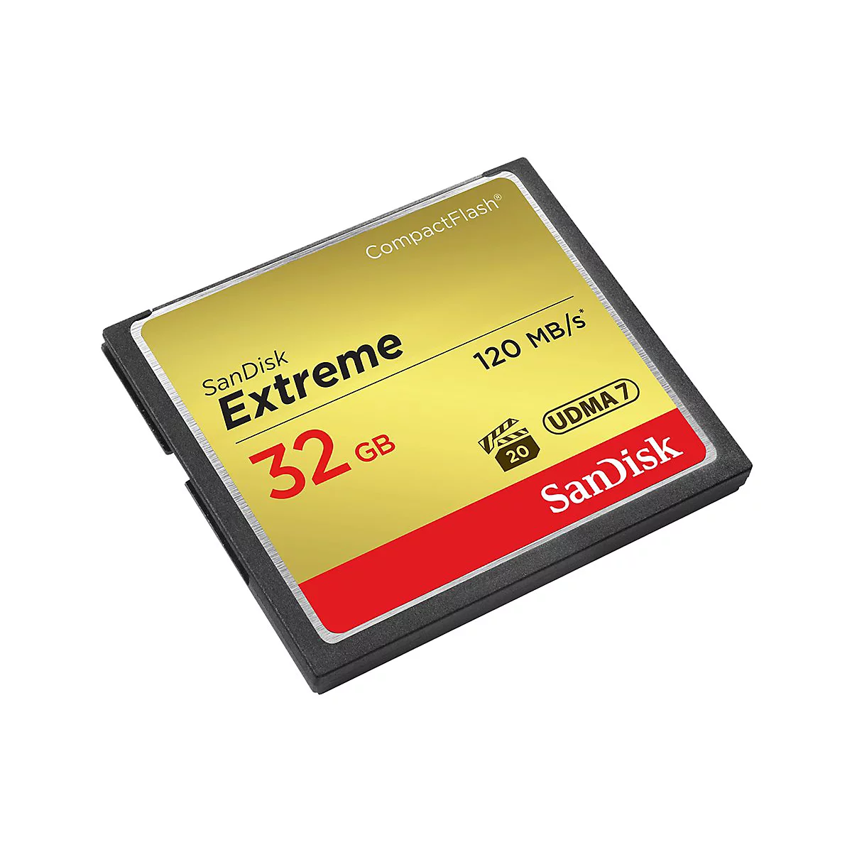 Carte CompactFlash SanDisk Extreme de 32 Go, vitesse de 120 Mo/s. Cadre noir, lettrage doré, bande rouge.