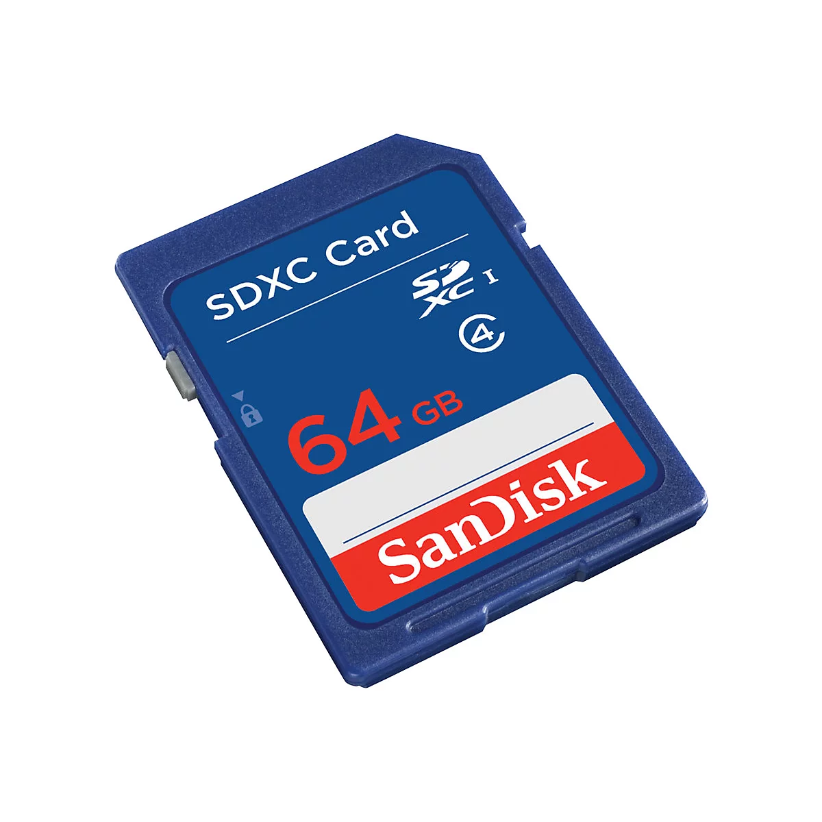 Carte mémoire SDXC bleue avec texte rouge "64 Go" et logo "SanDisk". Symbole SDXC en haut à gauche.