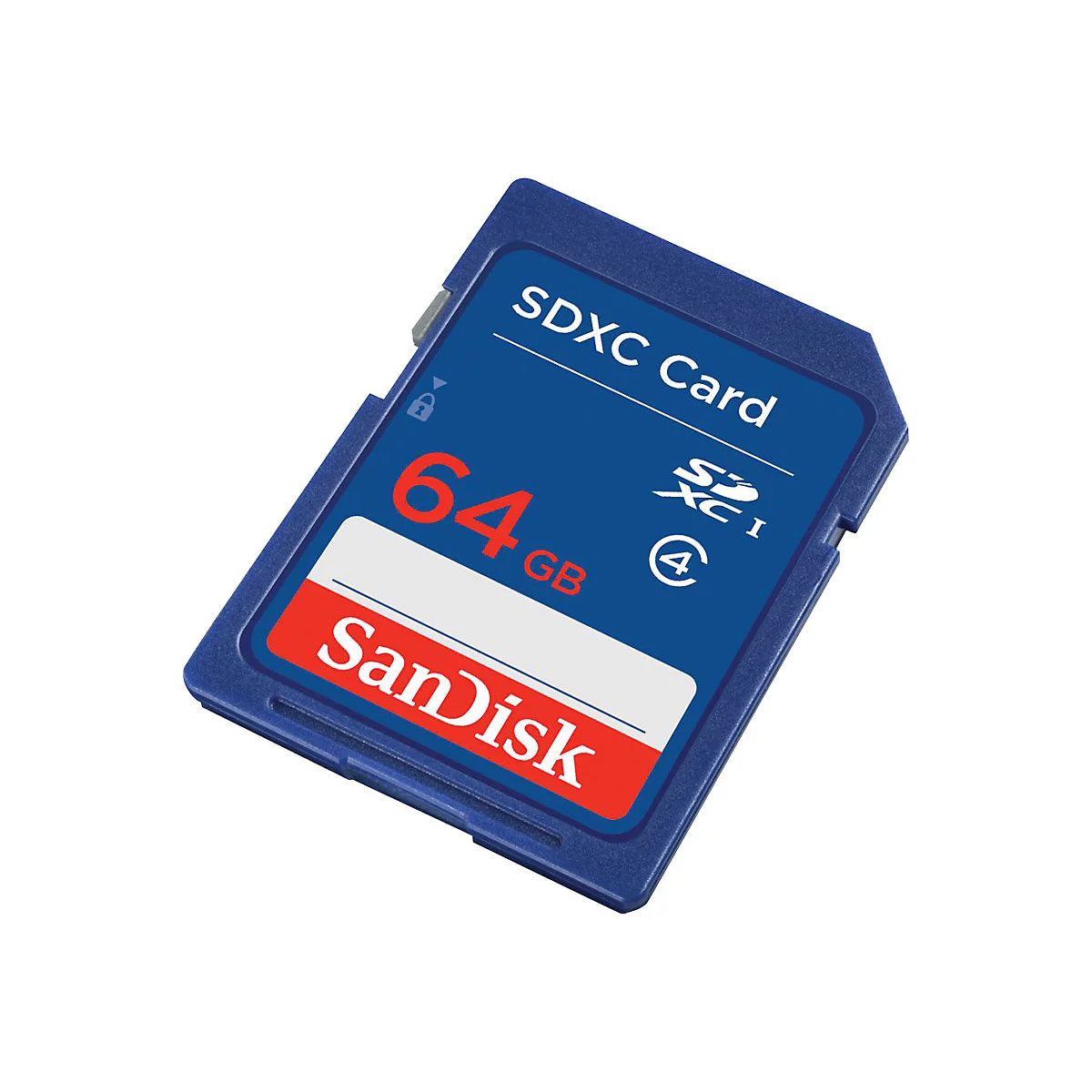 Une carte SDXC bleue avec texte blanc: SDXC Card, 64 Go, SanDisk. Logos et fonctionnalité de sécurité.