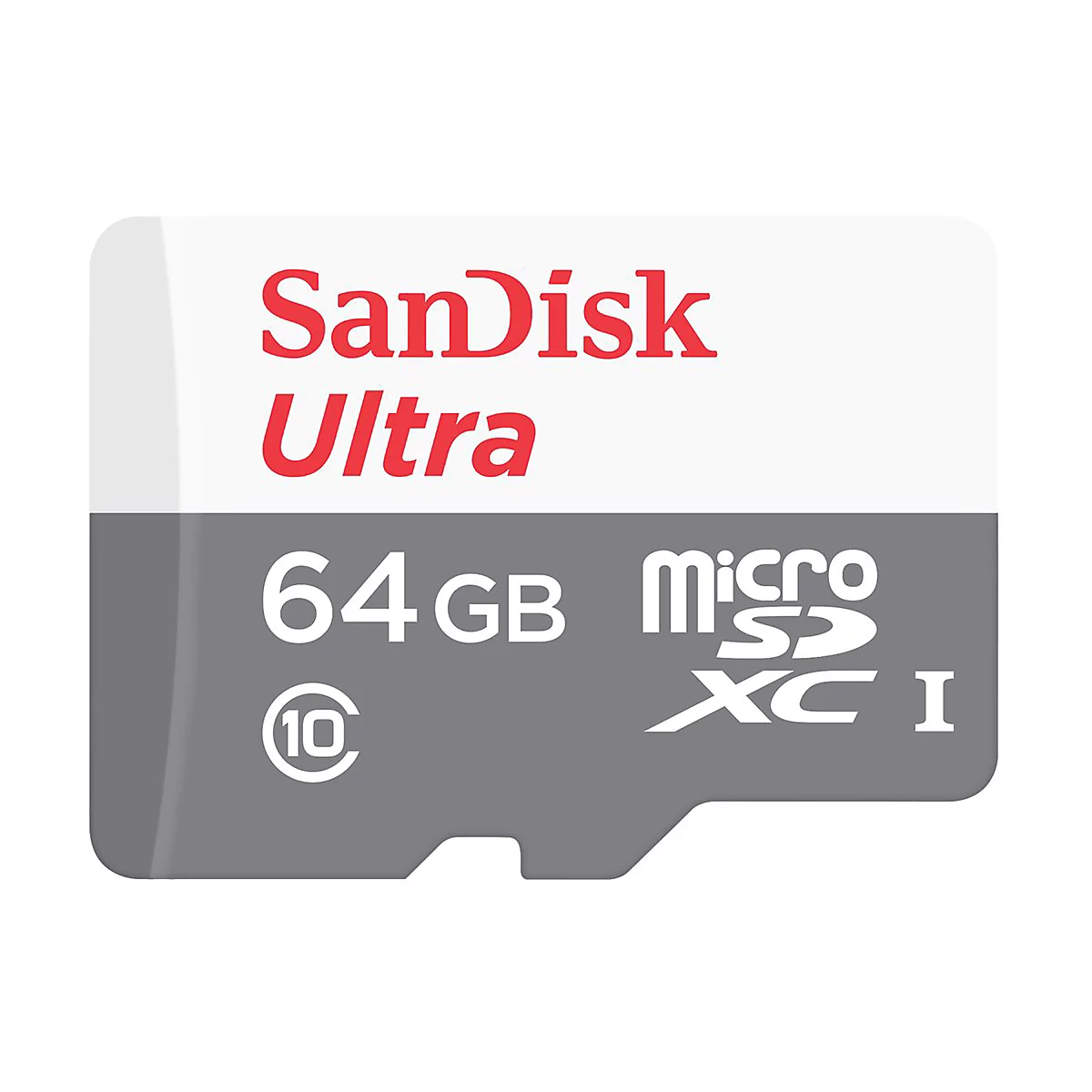 Carte MicroSD SanDisk Ultra. Capacité de stockage de 64 Go. Gris, blanc et rouge.