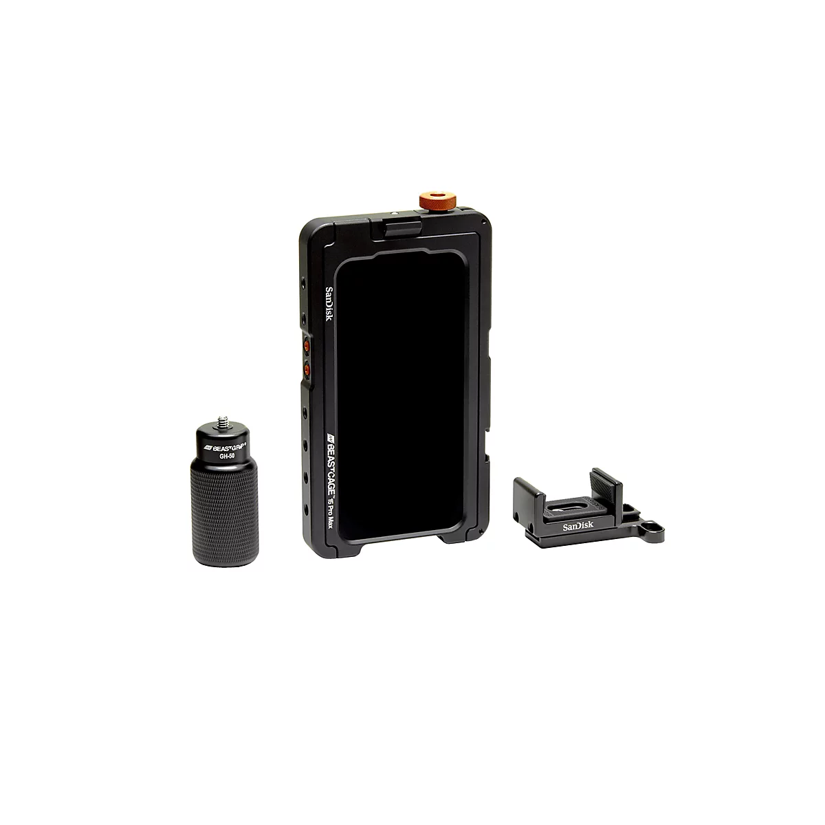 Schwarzes Smartphone-Cage-Zubehör mit Griff und Halterung, auf weißem Hintergrund.