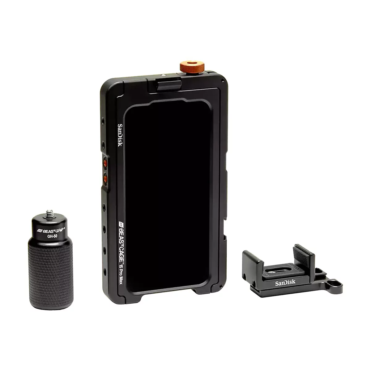 Schwarzes Smartphone-Cage-Set mit Griff und Halterung. Die Aufschrift „Sandisk“ und „Beastcage 15 Pro Max“ sind sichtbar.
