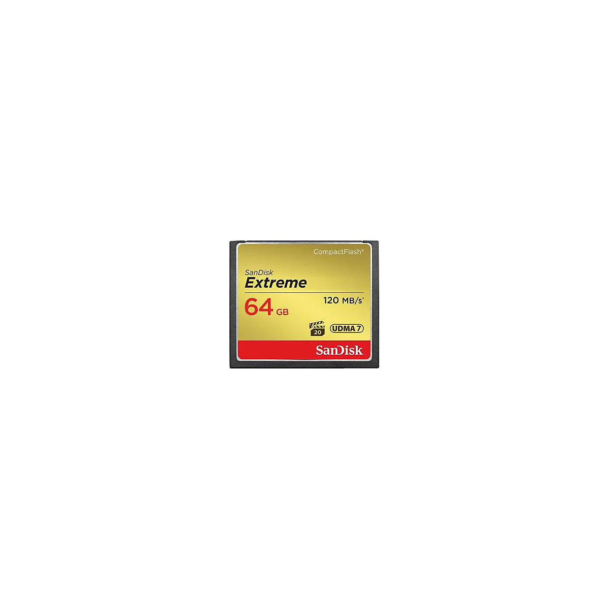 Carte CompactFlash SanDisk Extreme. Or, noir, rouge avec texte. 64 Go, 120 Mo/s.