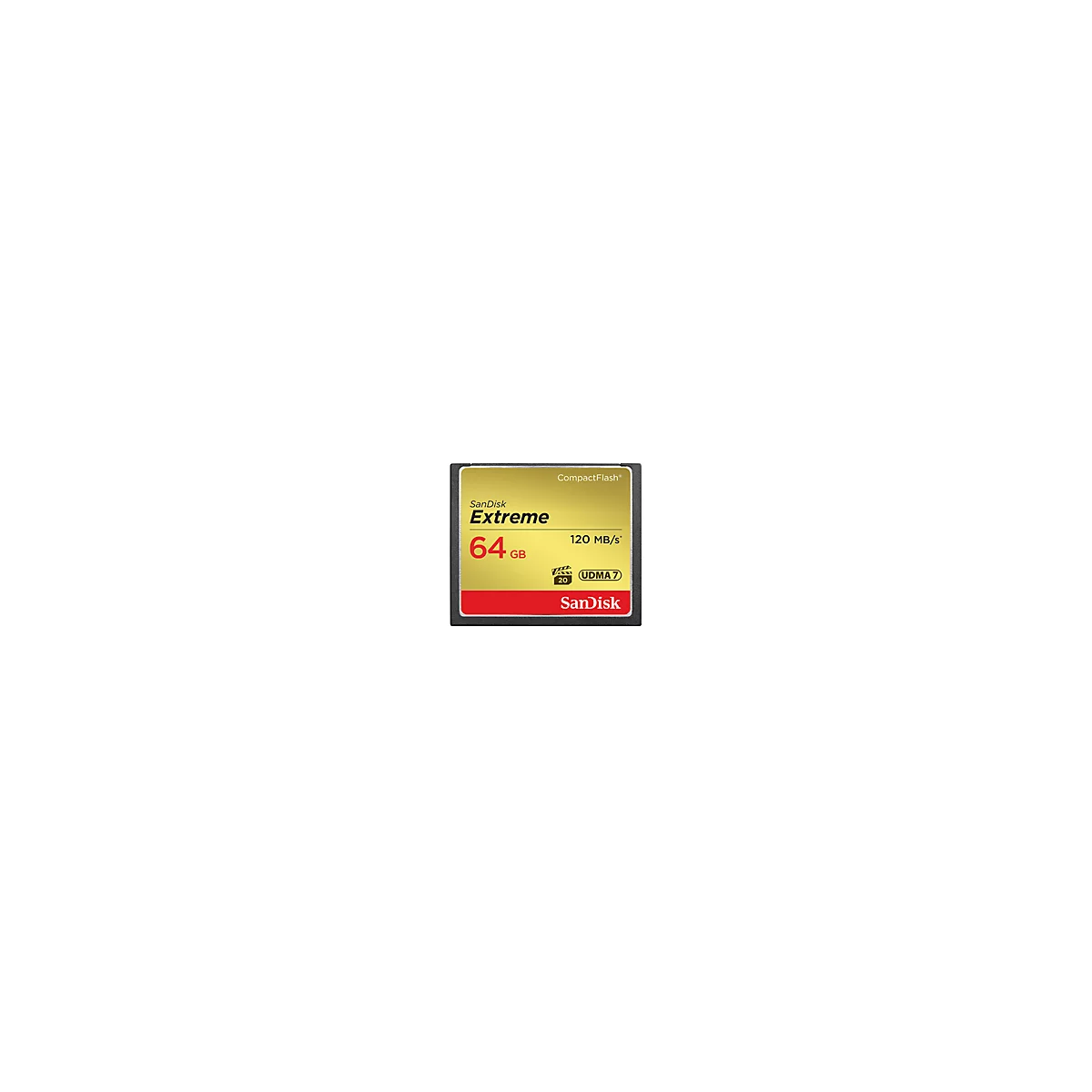 Carte CompactFlash Sandisk Extreme 64 Go, étiquette dorée, bande rouge, cadre noir.