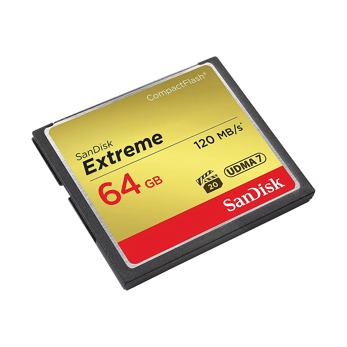 Carte mémoire SanDisk Extreme CompactFlash. Noir, jaune et rouge. Inscription : 64 Go, Extreme, 120 Mo/s, SanDisk.