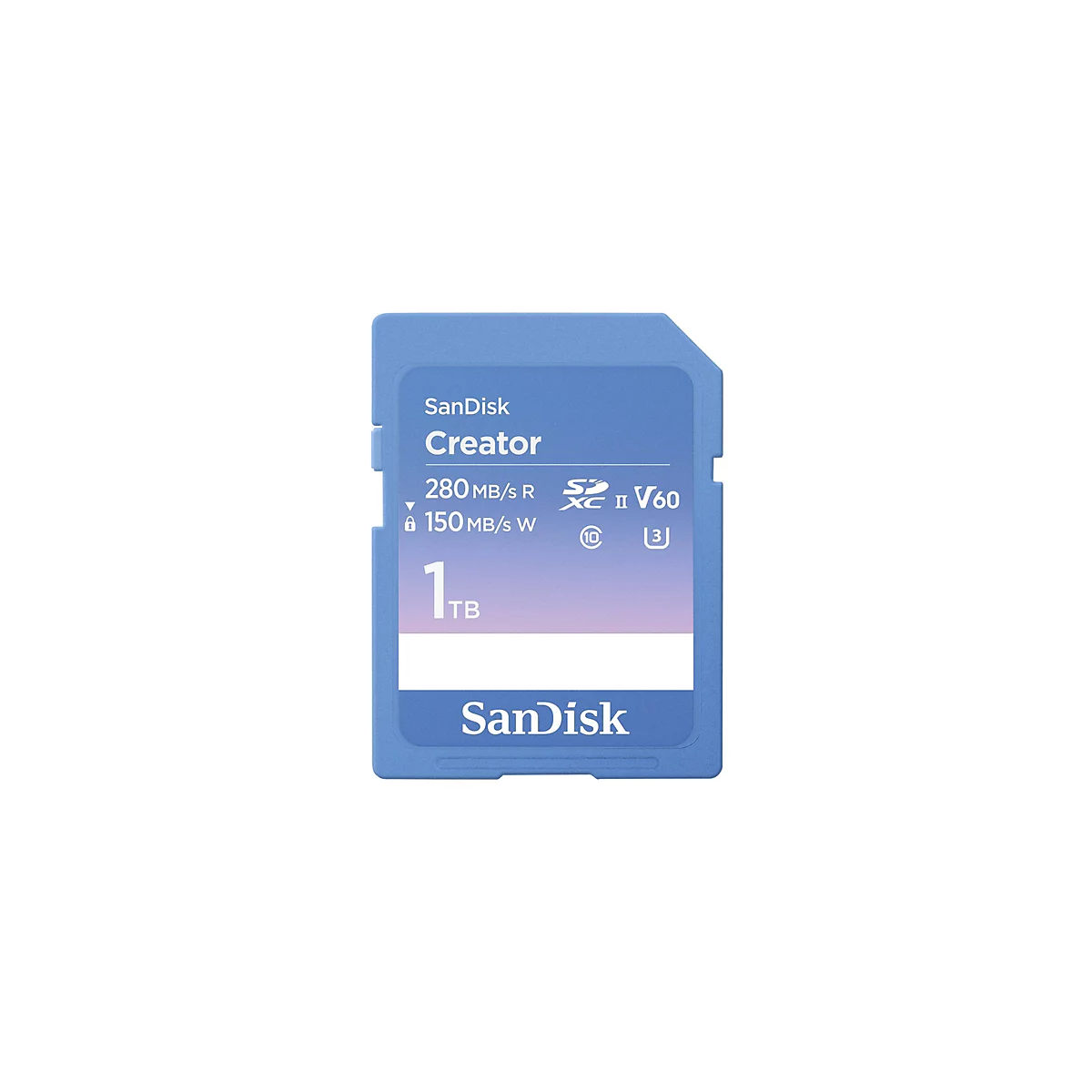 Blaue SanDisk Creator SD-Karte. Beschriftung: 1 TB, 280 MB/s R, 150 MB/s W. Das SanDisk-Logo befindet sich am unteren Rand.