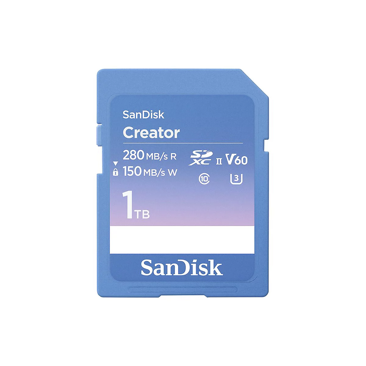 Hellblau-farbene SanDisk Creator SD-Karte; 1 TB, mit Geschwindigkeitsangaben und SanDisk-Logo.