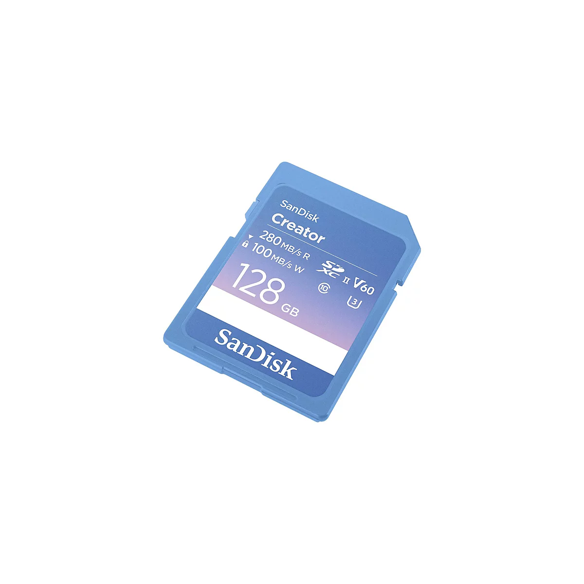 Blaue SanDisk Creator SD-Karte auf weißem Hintergrund. Auf der Karte steht "128 GB" und "280 MB/s R, 100 MB/s W".