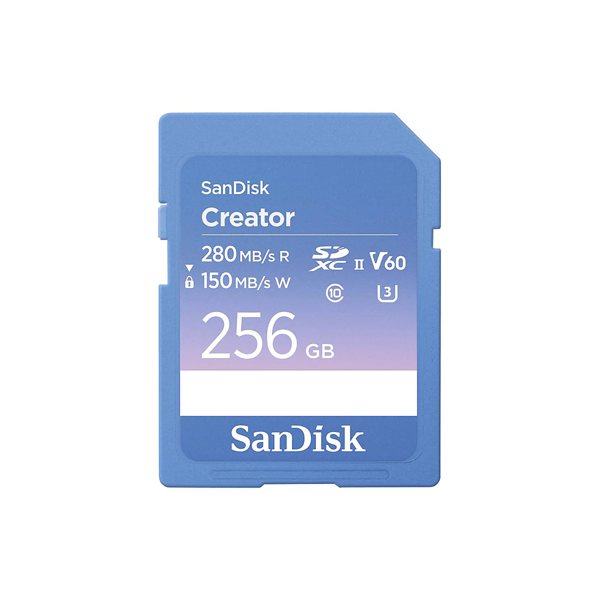 Hellblaue SanDisk Creator SD-Karte. Beschriftung mit technischen Daten und 256 GB Kapazität.