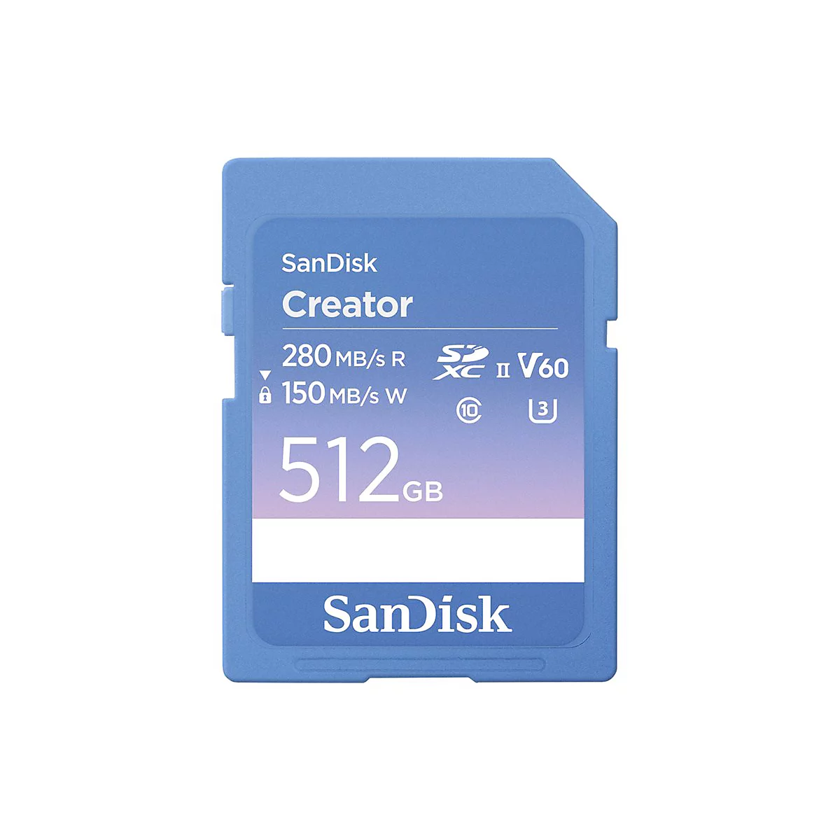 Blaue SanDisk Speicherkarte, darauf steht 'Creator' und technische Daten. Aufdruck '512GB'.