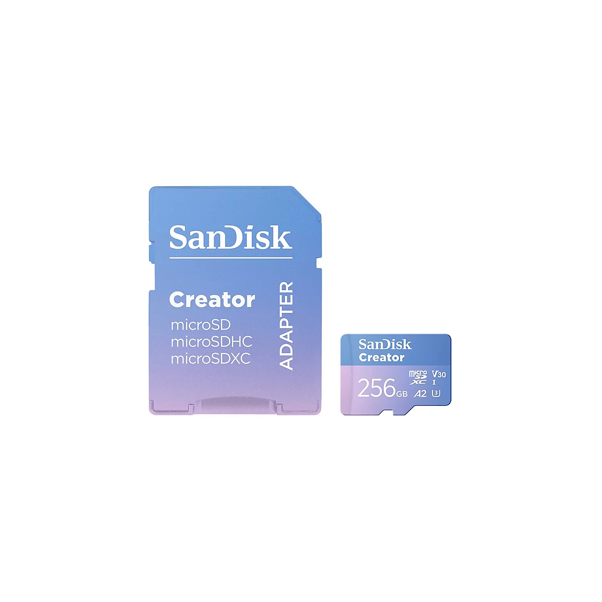 Hellblaue SD-Karte und Adapter von SanDisk. Auf der Karte steht "Creator" und Spezifikationen wie "256 GB".
