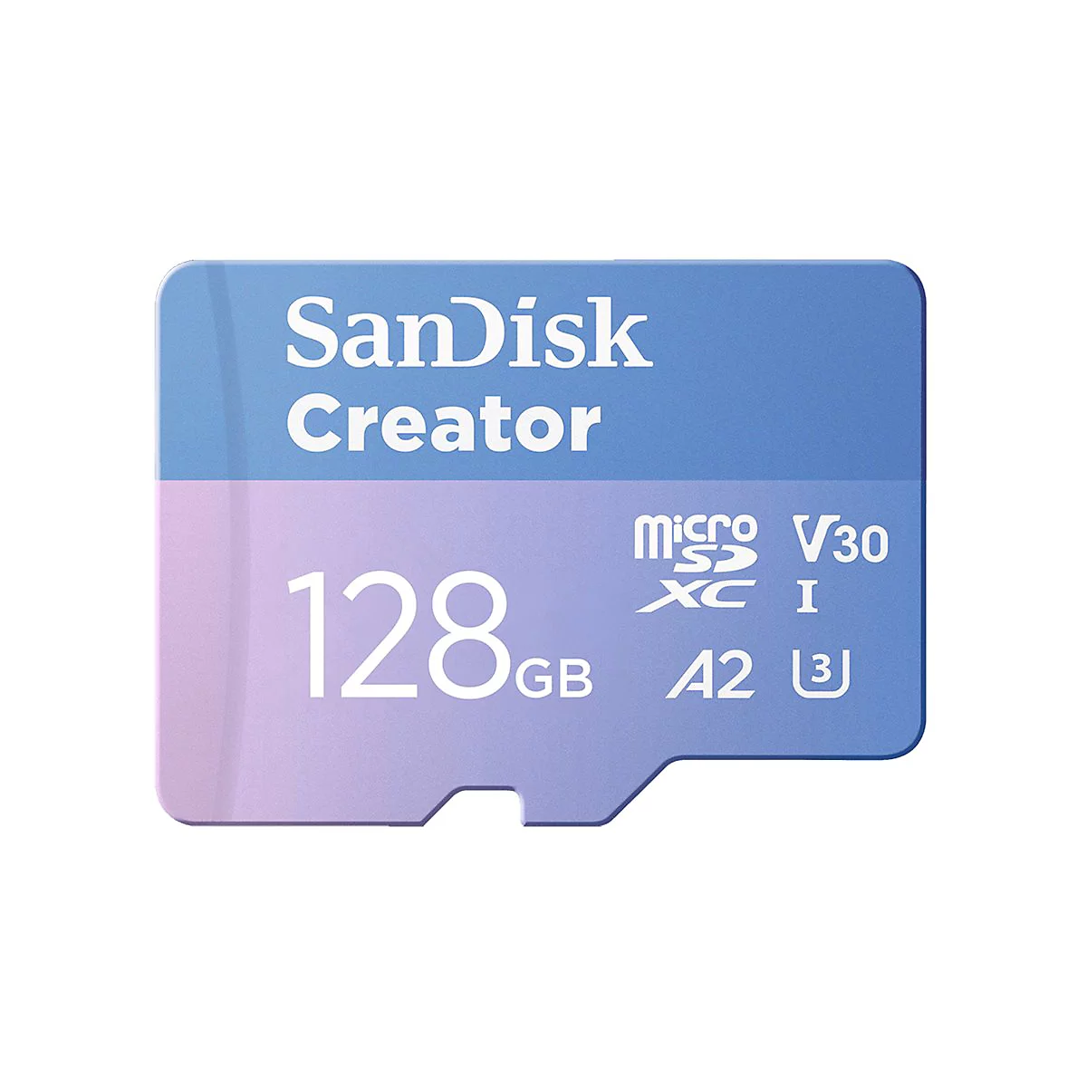 SanDisk Creator microSDXC Karte, 128 GB, blau-violett. Mit weißer Schrift: Micro, V30, XC I, A2, 3.