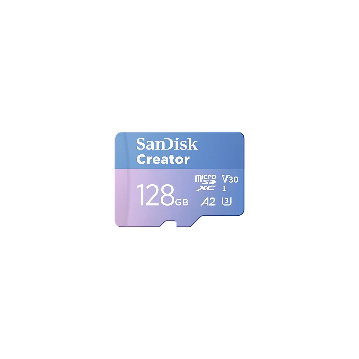 Nahaufnahme einer SanDisk Creator MicroSD-Karte. Das lila-blaue Speichermedium zeigt 128 GB Kapazität an.