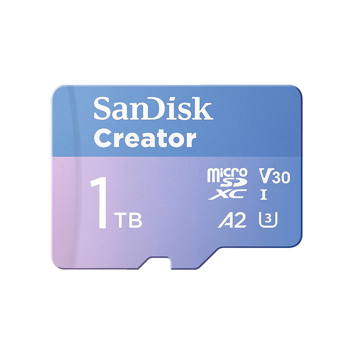 Blaue und lila SanDisk Creator Micro-SD-Karte mit Aufschrift "1 TB".