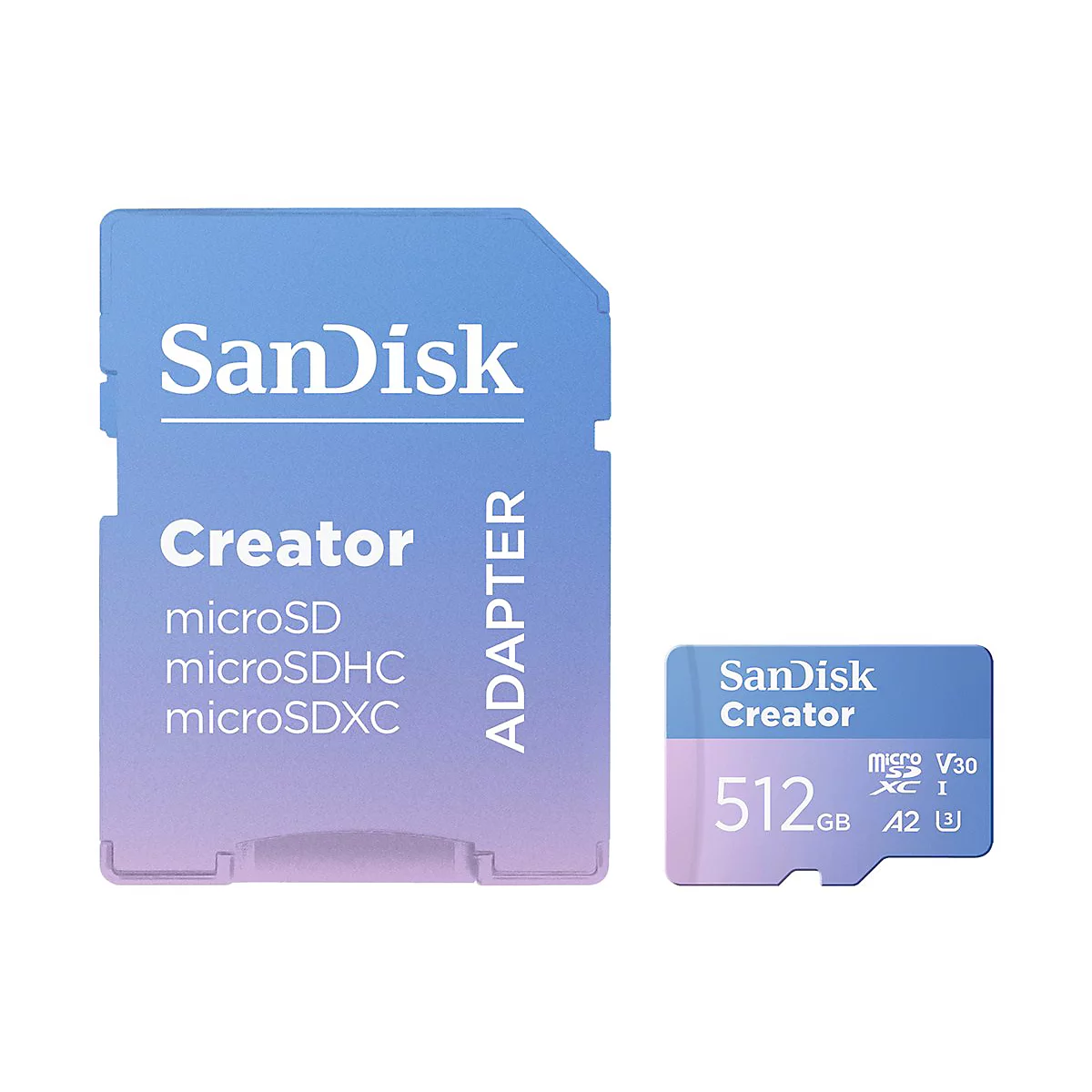 Sandisk Creator microSD-Karte mit Adapter, 512 GB. Beide Elemente sind blau-lila gefärbt, mit weißer Schrift.