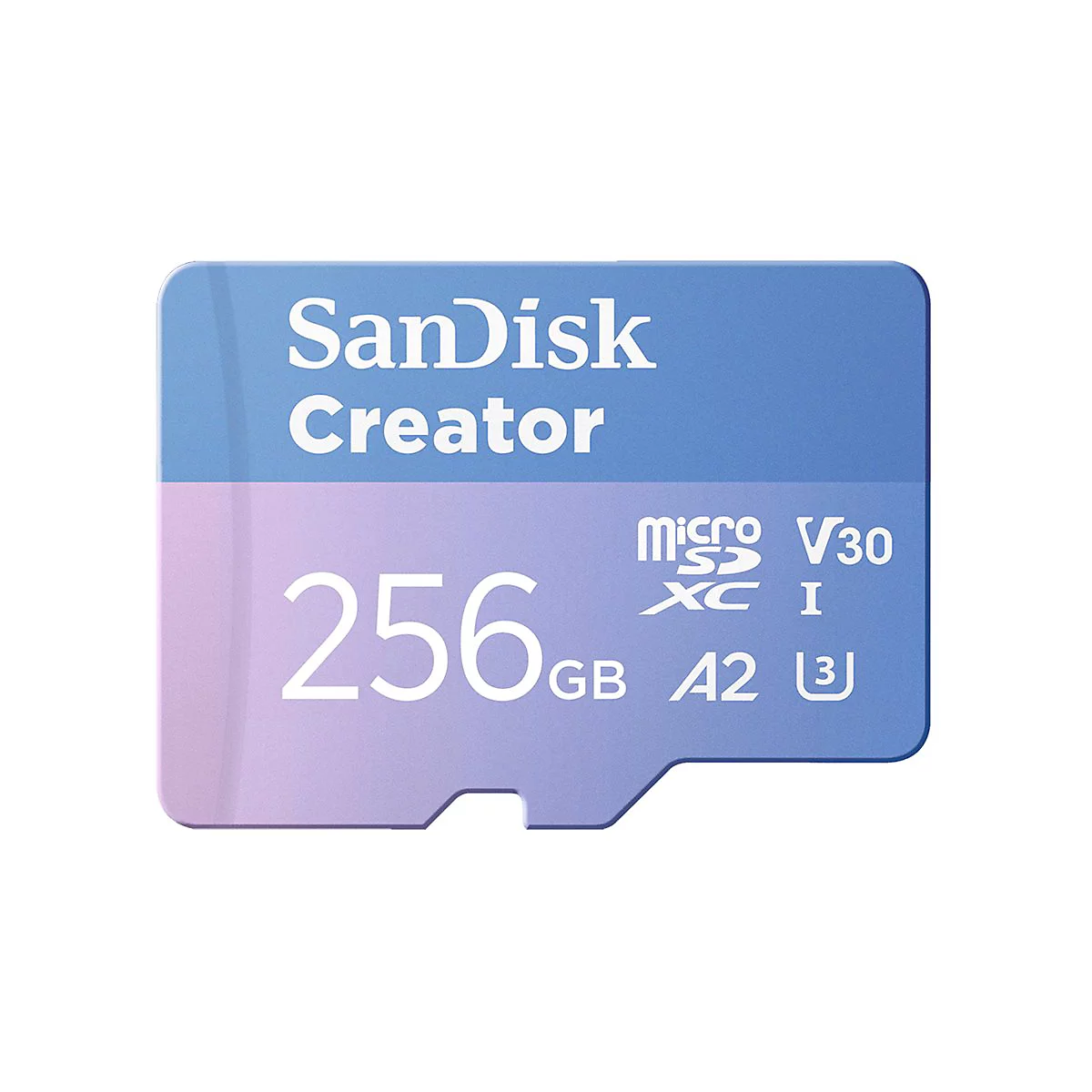 SanDisk Creator 256GB MicroSD-Karte, blau-lila Farbverlauf mit weißem Text.