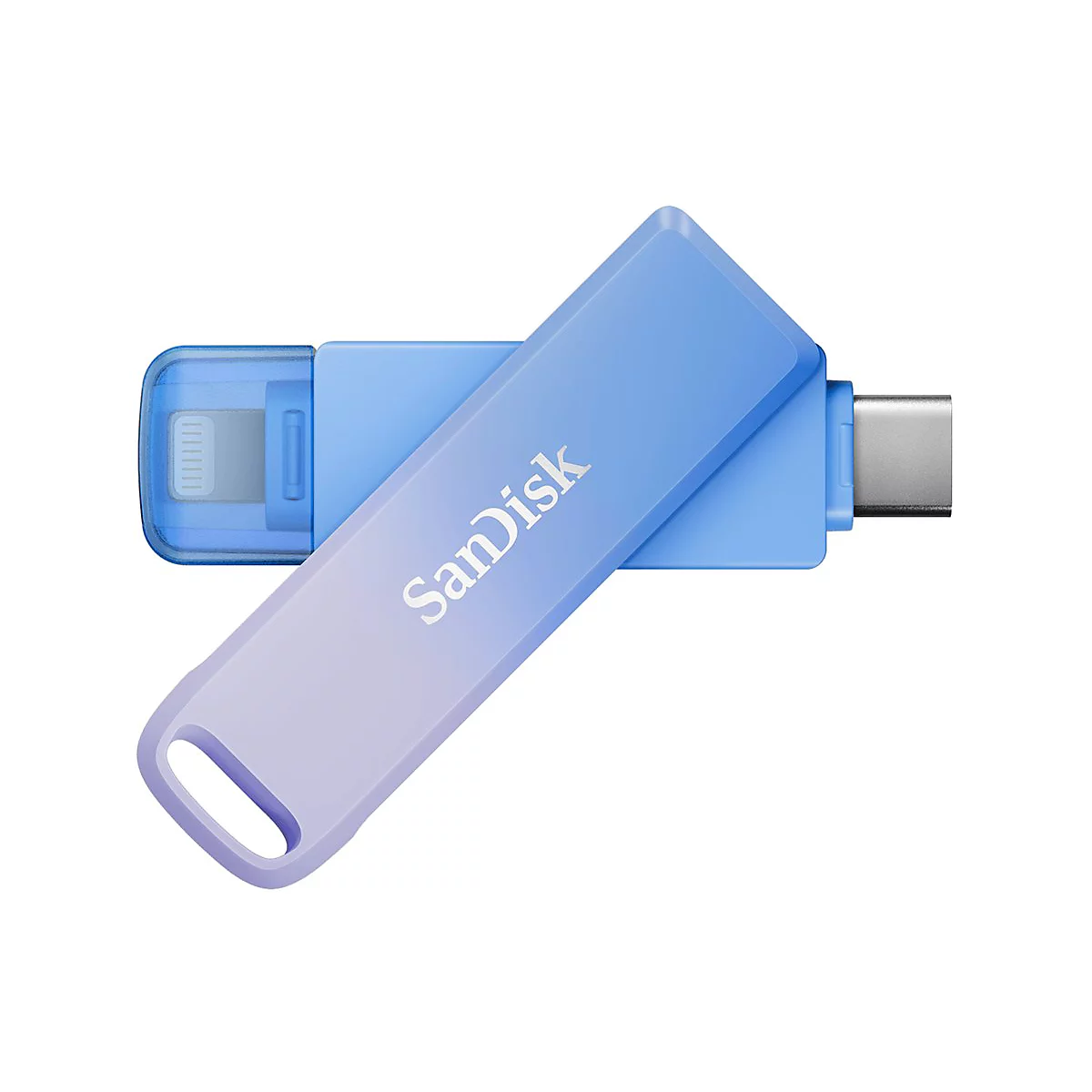 Hellblau-violetter USB-Stick mit "SanDisk"-Schriftzug. Zwei Anschlüsse: Lightning und USB-C.