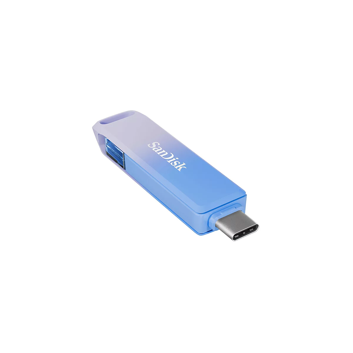 Ein hellblau-lila USB-Stick mit dem Schriftzug "SanDisk" vor weißem Hintergrund.
