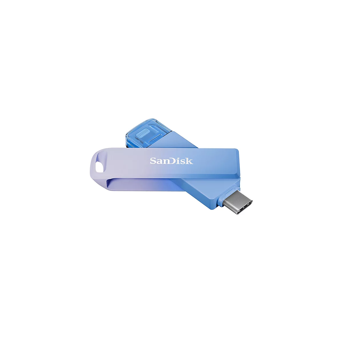 Blau-violetter USB-Stick mit 'SanDisk'-Logo, blauem Stecker, weißem Hintergrund.