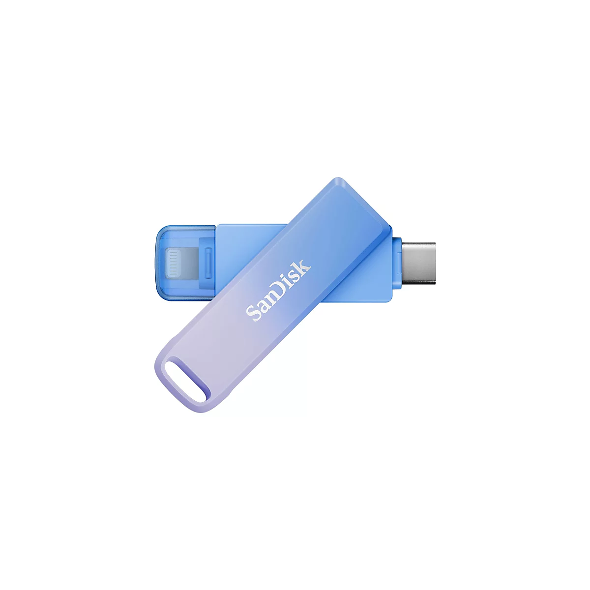 Hellblauer USB-Stick von SanDisk, diagonal angeordnet, mit Logo.