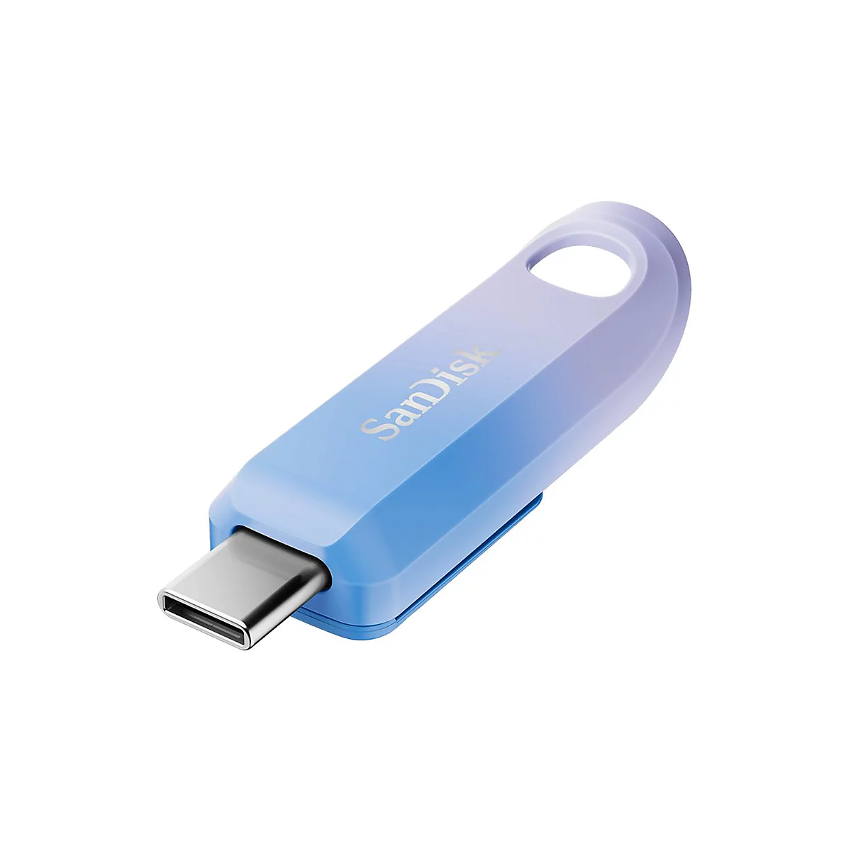 Blau-violetter USB-Stick mit dem Schriftzug 'SanDisk' auf weißem Hintergrund. Mit USB-C-Anschluss.