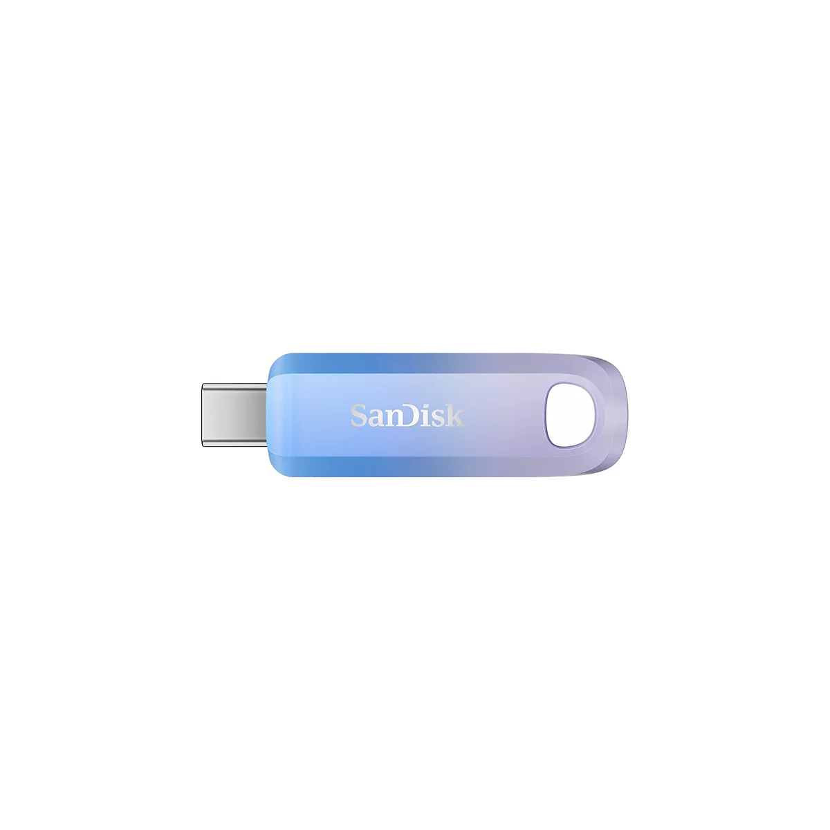 Ein blauer und violetter USB-Stick mit dem Schriftzug "SanDisk" vor weißem Hintergrund.