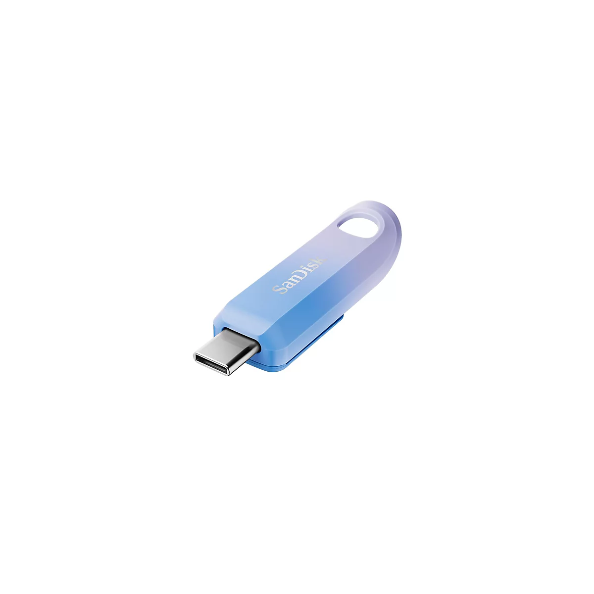 Blau-violetter USB-Stick mit 'SanDisk'-Schriftzug.