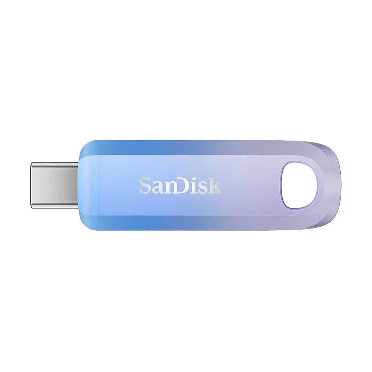 Ein USB-Stick von SanDisk, Farbverlauf von Blau zu Lila, mit einem Loch zum Aufhängen.