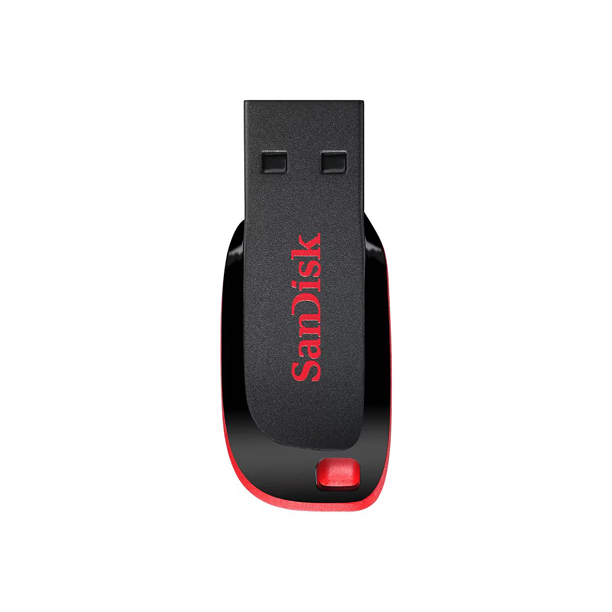 Clé USB noire avec bord rouge, lettrage SanDisk rouge. Bouton rouge.