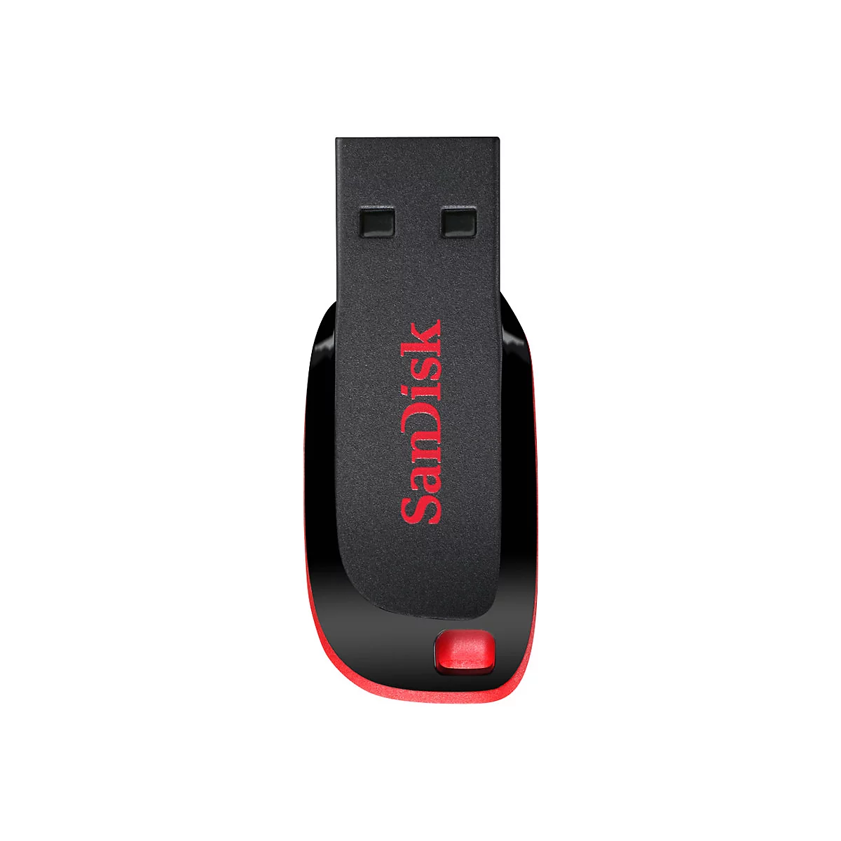 Une clé USB noire avec des accents rouges. Le nom 'SanDisk' est imprimé en rouge.