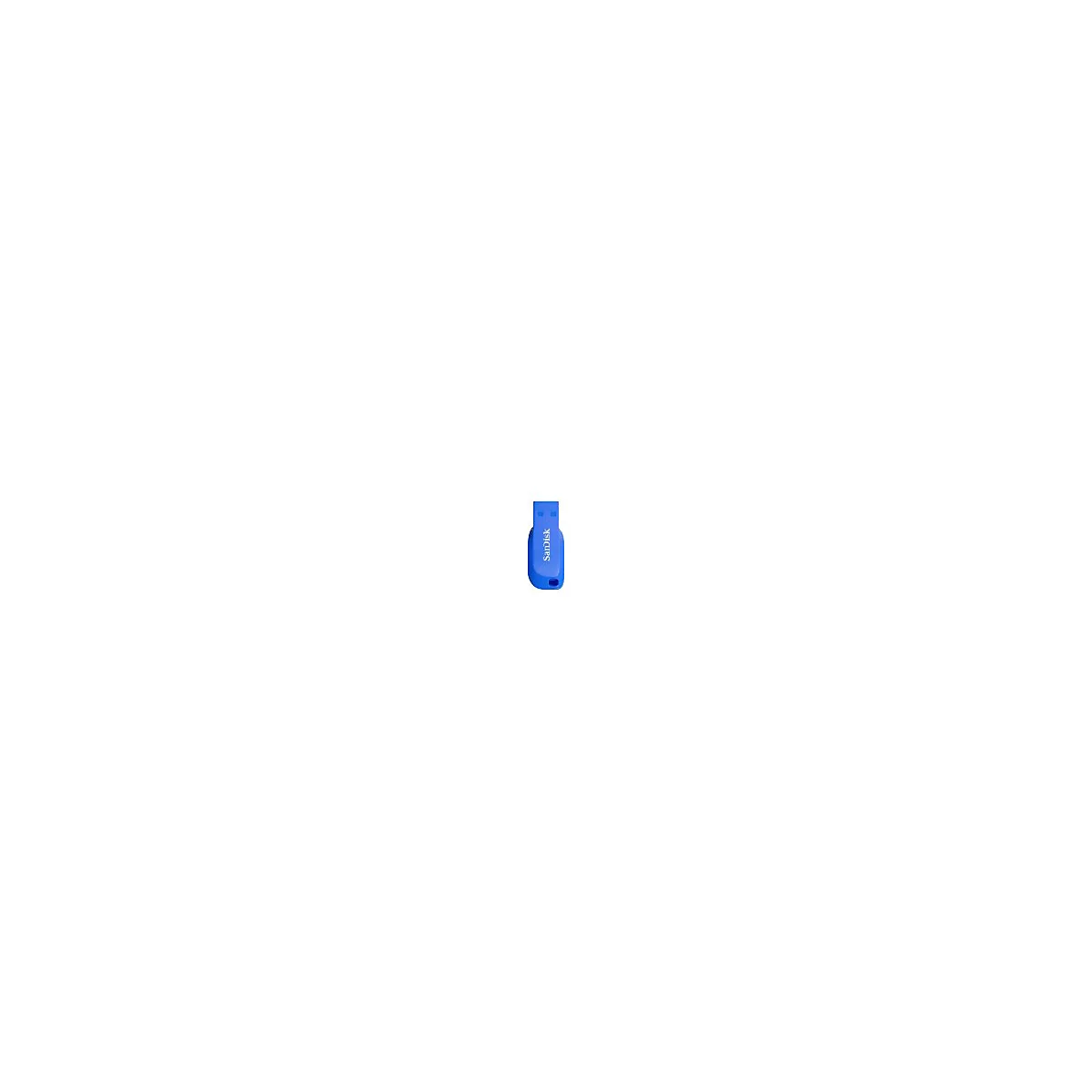 Clé USB bleue Sandisk, sur fond blanc.