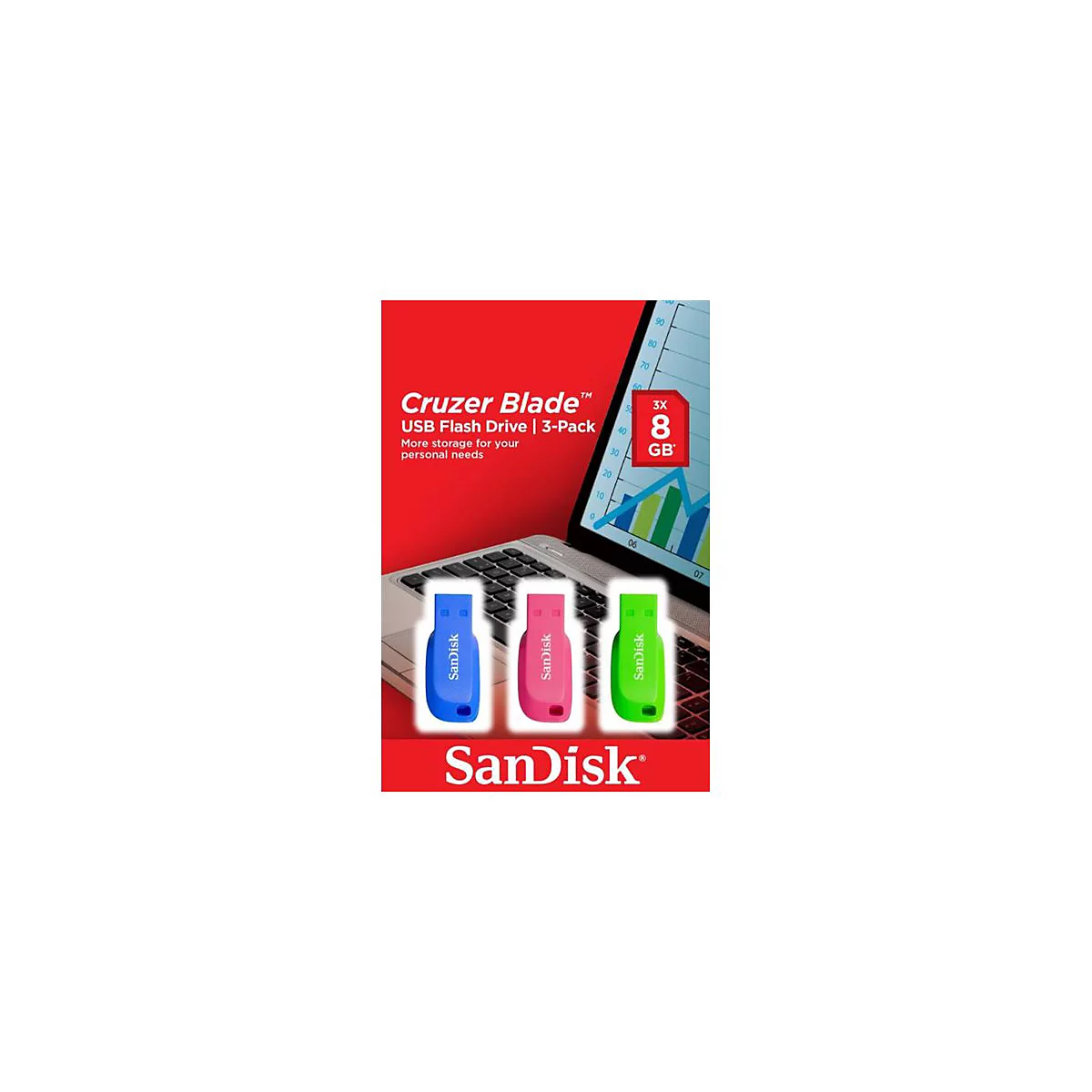 Trois clés USB bleues, roses et vertes sur fond rouge avec un ordinateur portable. Inscription : Cruzer Blade, 8 Go.