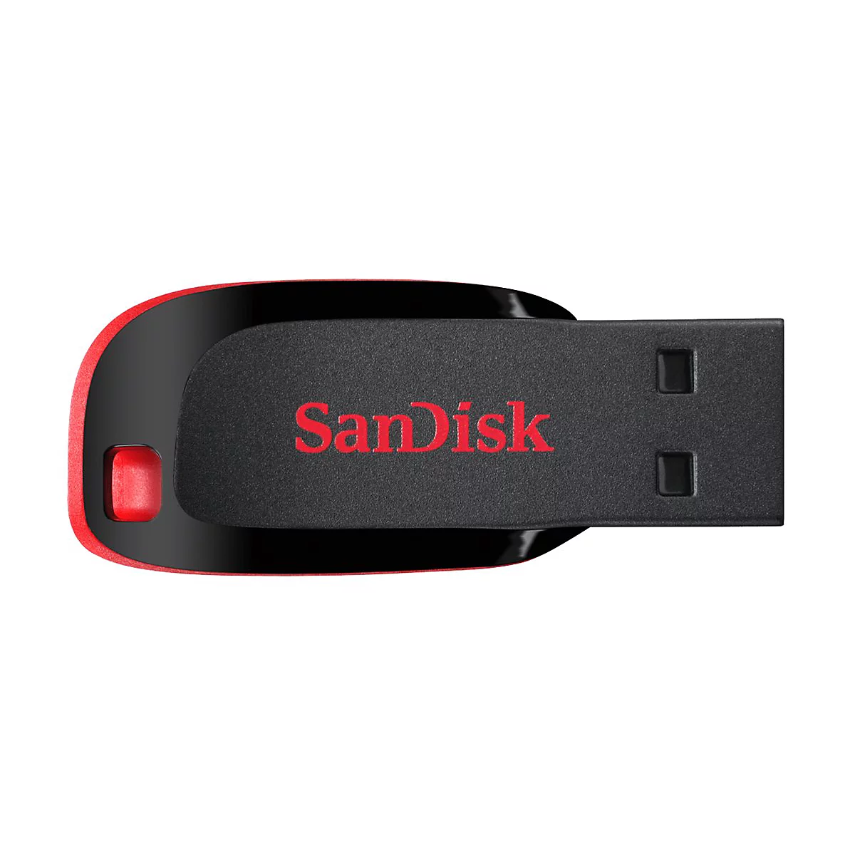 Clé USB noire avec un accent rouge et lettrage SanDisk rouge sur fond blanc.