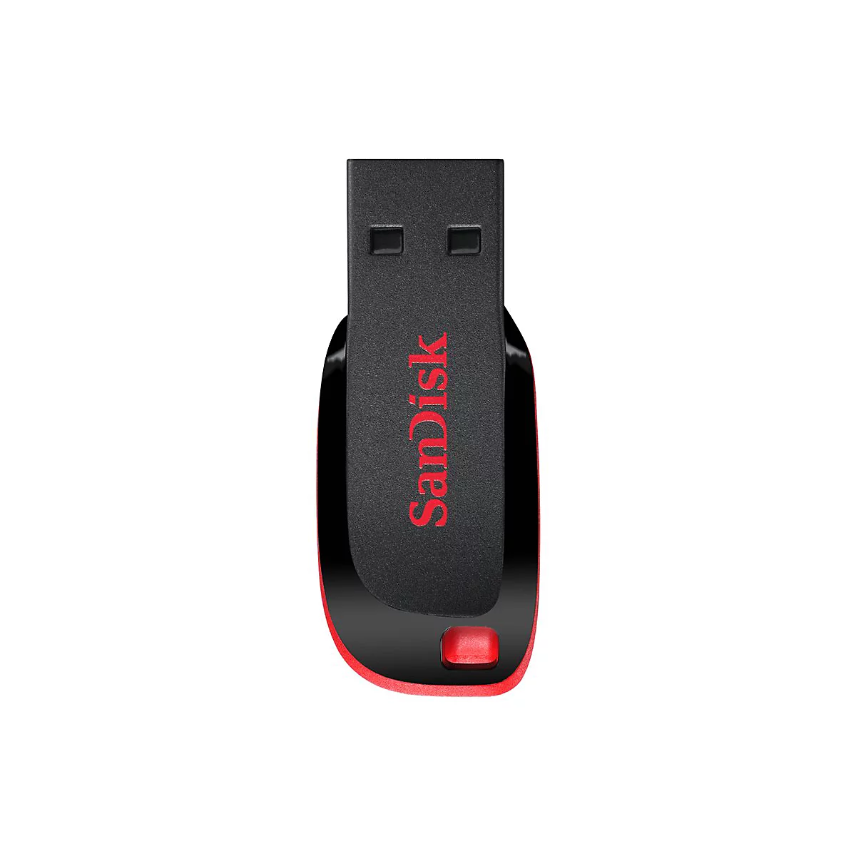 Clé USB noire avec un accent rouge et l'inscription rouge "SanDisk". La clé USB a un bouton rouge.