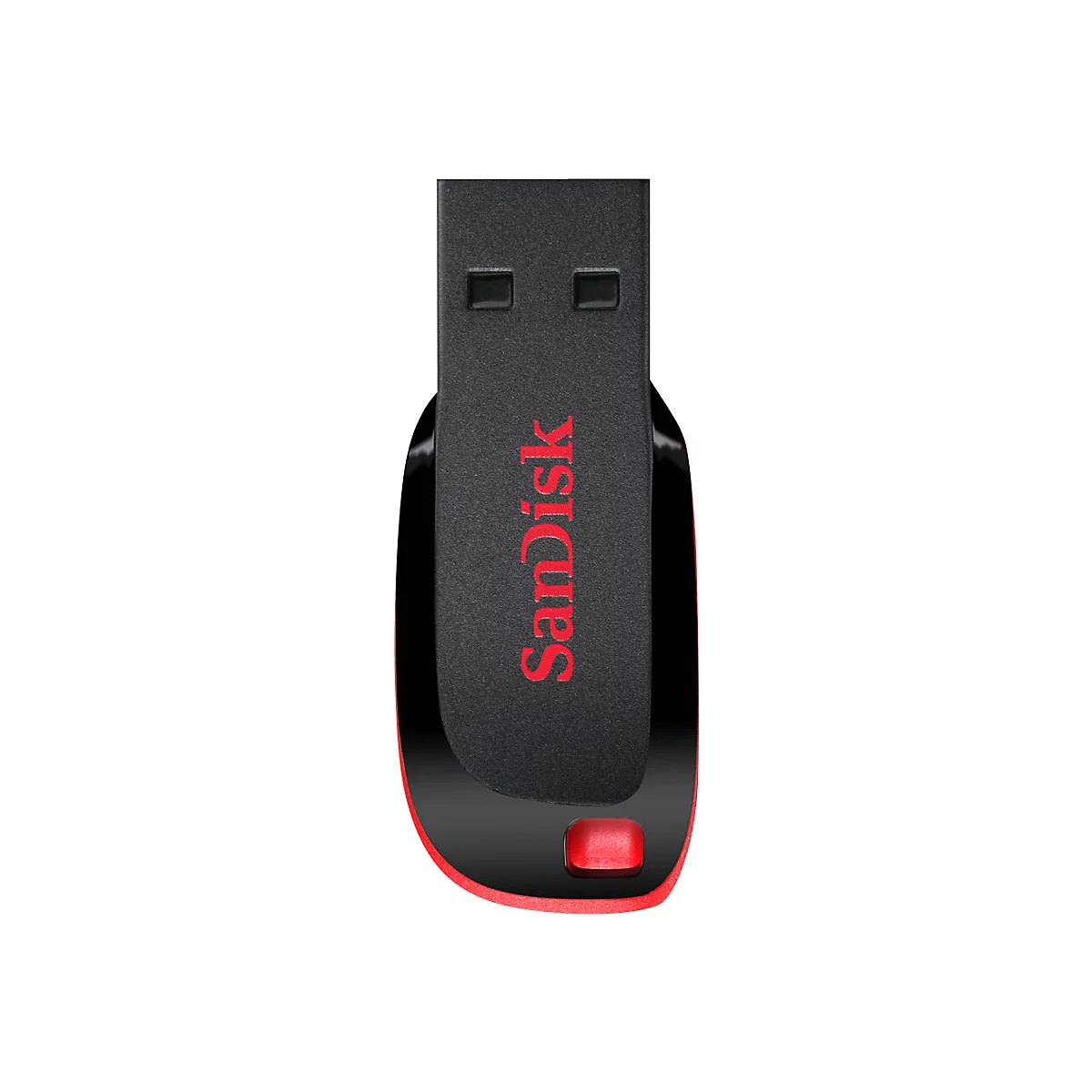 Schwarzer USB-Stick mit rotem SanDisk-Schriftzug. An der Unterseite befindet sich eine rote LED.