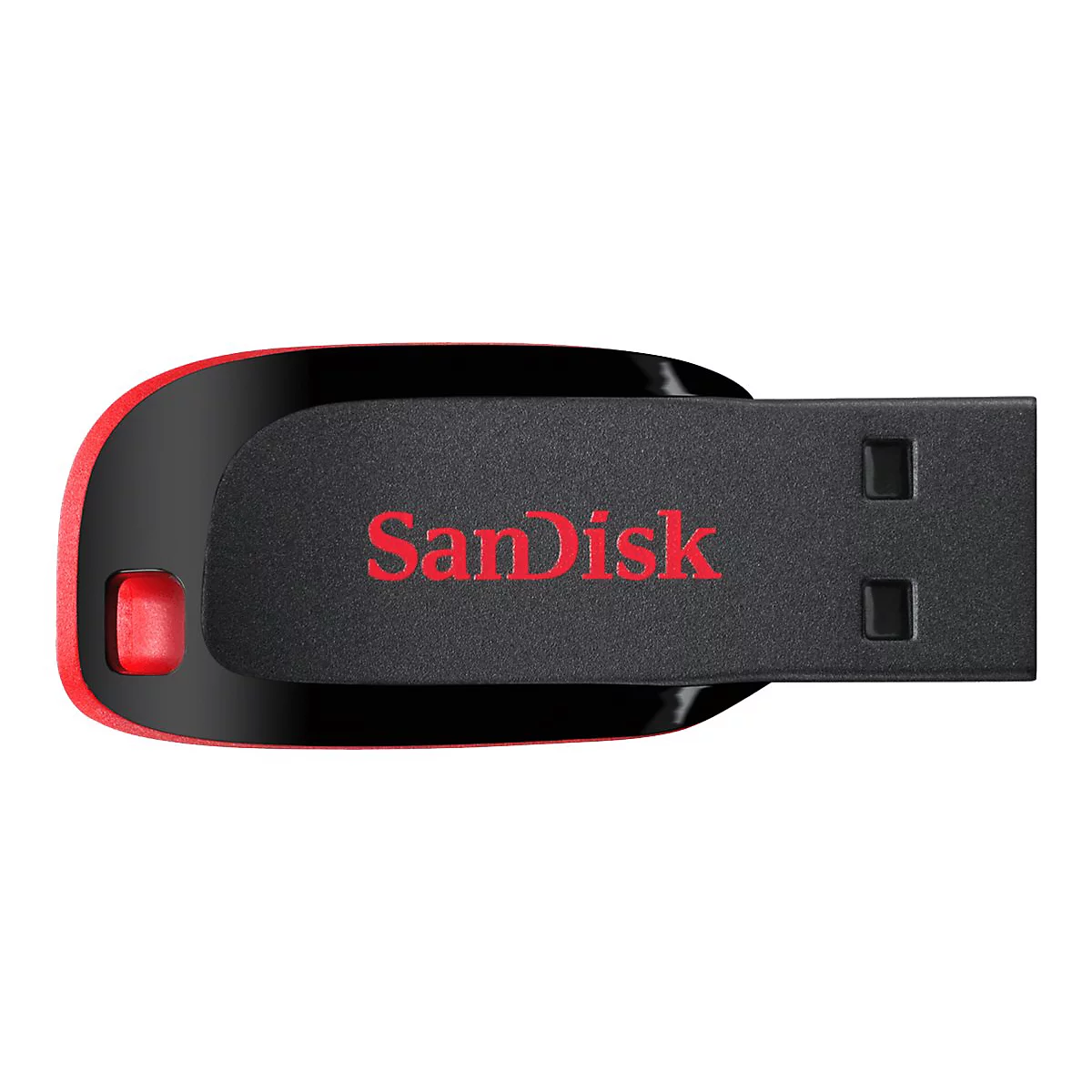 Ein schwarzer USB-Stick mit roter Akzentfarbe und dem SanDisk-Logo.