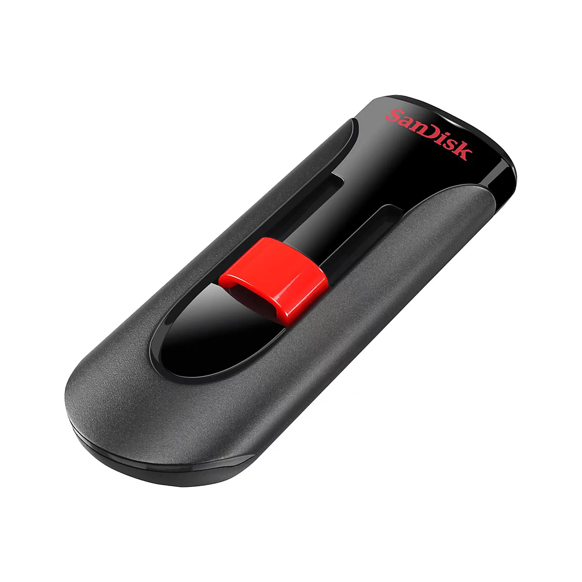 Clé USB noire avec curseur rouge, marque Sandisk, placée en diagonale.
